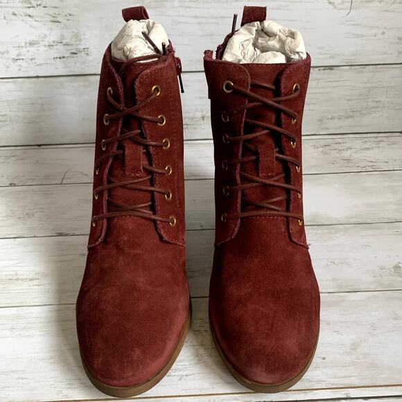 NEW Diba Blake Lace Up Suede Wedge Boots Booties in Burgundy - Picture 2 of 7